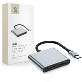 Pilkas adapteris "TECH-PROTECT HB08 HUB ADAPTER 4IN1 TYPE-C + USB2.0 + 2 x HDMI 4K 60HZ"