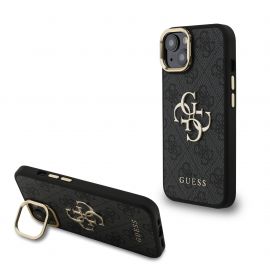 Juodas dėklas telefonui Apple iPhone 15 "Guess PU 4G Metal Logo Stand Camera Frame"