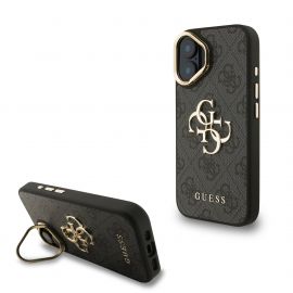 Juodas dėklas telefonui Apple iPhone 16 "Guess PU 4G Metal Logo Stand Camera Frame"