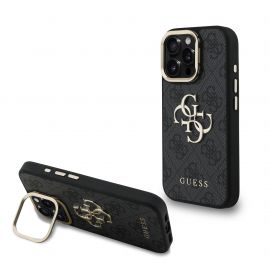 Juodas dėklas telefonui Apple iPhone 16 Pro "Guess PU 4G Metal Logo Stand Camera Frame"