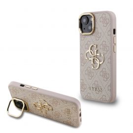 Rausvas dėklas telefonui Apple iPhone 15 "Guess PU 4G Metal Logo Stand Camera Frame"
