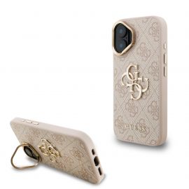 Rausvas dėklas telefonui Apple iPhone 16 "Guess PU 4G Metal Logo Stand Camera Frame"
