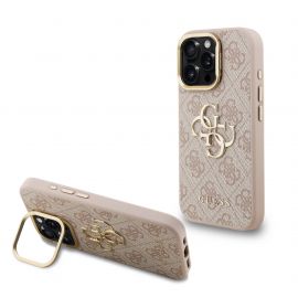 Rausvas dėklas telefonui Apple iPhone 16 Pro "Guess PU 4G Metal Logo Stand Camera Frame"