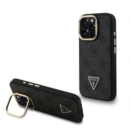 Juodas dėklas Guess PU 4G Strass Triangle Logo Stand Camera Frame MagSafe telefonui Apple Iphone 15 Pro Max