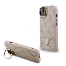 Rausvas dėklas Guess PU 4G Strass Triangle Logo Stand Camera Frame MagSafe telefonui Apple Iphone 14