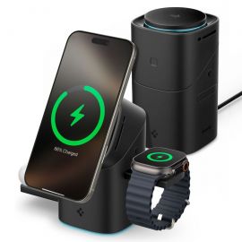 Juodas belaidis pakrovėjas "SPIGEN ESSENTIAL EF223MS 3IN1 QI2 ROTARY MAGNETIC MAGSAFE WIRELESS CHARGER"