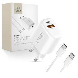 Baltas buitinis pakrovėjas "TECH-PROTECT NCA30 2-PORT NETWORK CHARGER PD 30W / QC3.0 + TYPE-C CABLE"