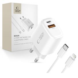 Baltas buitinis pakrovėjas "TECH-PROTECT NCA20 2-PORT NETWORK CHARGER PD 20W / QC3.0 + LIGHTNING CABLE"