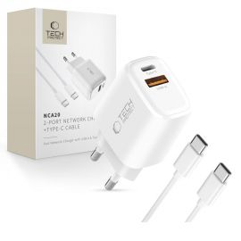 Baltas buitinis pakrovėjas "TECH-PROTECT NCA20 2-PORT NETWORK CHARGER PD 20W / QC3.0 + TYPE-C CABLE"