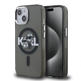 Juodas dėklas telefonui Apple iPhone 15 "Karl Lagerfeld IML Glitter Karl and Choupette Sketch MagSafe"
