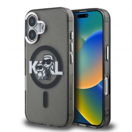 Juodas dėklas telefonui Apple iPhone 16 "Karl Lagerfeld IML Glitter Karl and Choupette Sketch MagSafe"