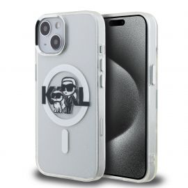 Skaidrus dėklas telefonui Apple iPhone 15 "Karl Lagerfeld IML Glitter Karl and Choupette Sketch MagSafe"
