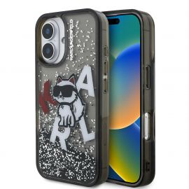 Juodas dėklas telefonui Apple iPhone 16 "Karl Lagerfeld Liquid Glitter Scattered Choupette"