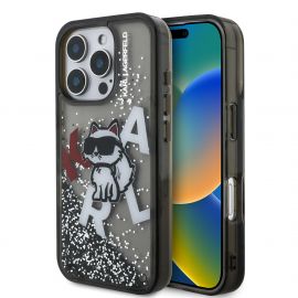 Juodas dėklas telefonui Apple iPhone 16 Pro "Karl Lagerfeld Liquid Glitter Scattered Choupette"