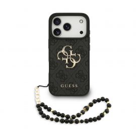 Juodas dėklas telefonui Apple Iphone 17 Pro "Guess PU 4G Metal Logo Strap"