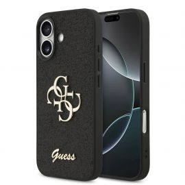 Juodas originalus dėklas Guess PU Fixed Glitter 4G Metal Logo telefonui Apple iPhone 17