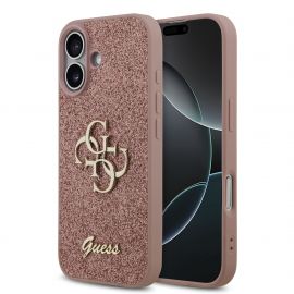 Rausvas originalus dėklas Guess PU Fixed Glitter 4G Metal Logo telefonui Apple iPhone 17