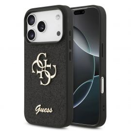 Juodas originalus dėklas Guess PU Fixed Glitter 4G Metal Logo telefonui Apple iPhone 17 Pro