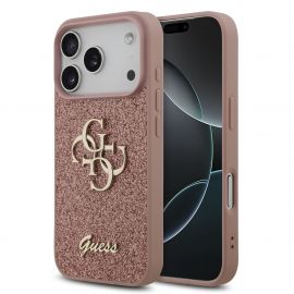 Rausvas originalus dėklas Guess PU Fixed Glitter 4G Metal Logo telefonui Apple iPhone 17 Pro