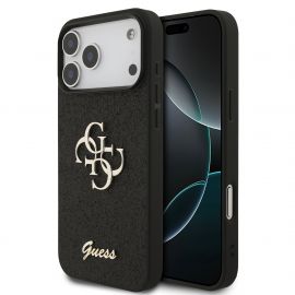 Juodas originalus dėklas Guess PU Fixed Glitter 4G Metal Logo telefonui Apple Iphone 17 Pro Max
