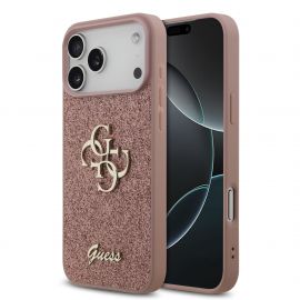 Rausvas originalus dėklas Guess PU Fixed Glitter 4G Metal Logo telefonui Apple Iphone 17 Pro Max