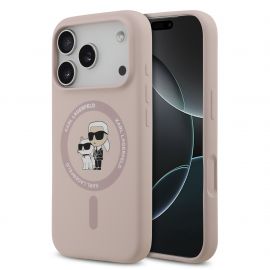 Rausvas dėklas Karl Lagerfeld Liquid Silicone Karl and Choupette MagSafe telefonui Apple Iphone 17 Pro
