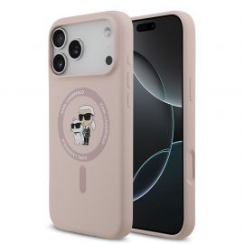 Rausvas dėklas Karl Lagerfeld Liquid Silicone Karl and Choupette MagSafe telefonui Apple Iphone 17 Pro Max