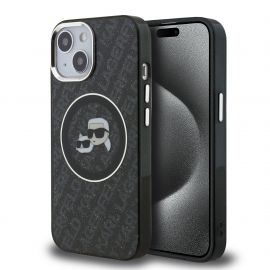 Juodas dėklas KKarl Lagerfeld IML K&CH Heads Repeated Logo MagSafe telefonui Apple iPhone 15