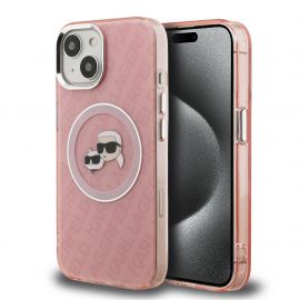 Rausvas dėklas Karl Lagerfeld IML K&CH Heads Repeated Logo MagSafe telefonui Apple iPhone 15