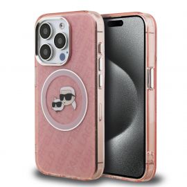 Rausvas dėklas Karl Lagerfeld IML K&CH Heads Repeated Logo MagSafe telefonui Apple iPhone 15 Pro Max