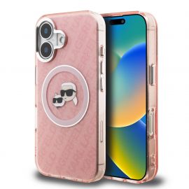 Rausvas dėklas Karl Lagerfeld IML K&CH Heads Repeated Logo MagSafe telefonui Apple iPhone 16