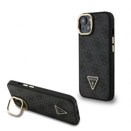 Juodas dėklas Guess PU 4G Strass Triangle Logo Stand Camera Frame MagSafe telefonui Apple Iphone 15
