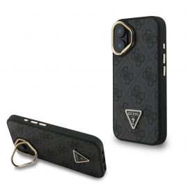 Juodas dėklas Guess PU 4G Strass Triangle Logo Stand Camera Frame MagSafe telefonui Apple Iphone 16