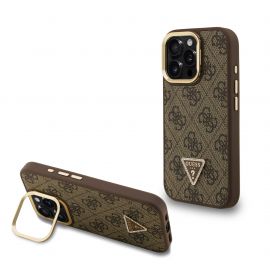 Rudas dėklas Guess PU 4G Strass Triangle Logo Stand Camera Frame MagSafe telefonui Apple Iphone 16 Pro