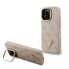 Rausvas dėklas Guess PU 4G Strass Triangle Logo Stand Camera Frame MagSafe telefonui Apple Iphone 16 Pro