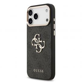 Juodas dėklas telefonui Apple iPhone 17 Pro Max "Guess PU Leather 4G Metal Logo Gold Frame MagSafe"
