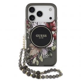 Juodas originalus dėklas Guess IML Flowers Strap MagSafe telefonui Apple Iphone 17 Pro