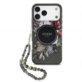 Juodas originalus dėklas Guess IML Flowers Strap MagSafe telefonui Apple Iphone 17 Pro Max