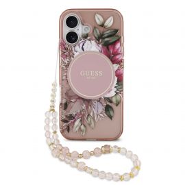 Rausvas originalus dėklas Guess IML Flowers Strap MagSafe telefonui Apple Iphone 17
