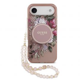 Juodas originalus dėklas Guess IML Flowers Strap MagSafe telefonui Apple Iphone Air