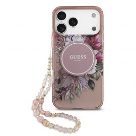 Rausvas originalus dėklas Guess IML Flowers Strap MagSafe telefonui Apple Iphone 17 Pro Max