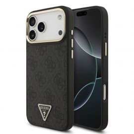 Juodas dėklas Guess PU Leather 4G Triangle Logo Gold Frame MagSafe telefonui Apple Iphone 17 Pro Max