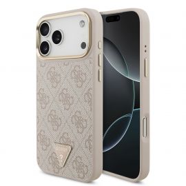 Rausvas dėklas Guess PU Leather 4G Triangle Logo Gold Frame MagSafe telefonui Apple Iphone 17 Pro Max