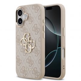 Rausvas dėklas telefonui Apple iPhone 17 "Guess PU Leather 4G Metal Logo Gold Frame MagSafe"