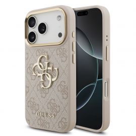 Rausvas dėklas telefonui Apple iPhone 17 Pro "Guess PU Leather 4G Metal Logo Gold Frame MagSafe"