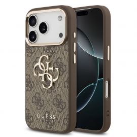 Rudas dėklas telefonui Apple iPhone 17 Pro "Guess PU Leather 4G Metal Logo Gold Frame MagSafe"