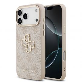 Rausvas dėklas telefonui Apple iPhone 17 Pro Max "Guess PU Leather 4G Metal Logo Gold Frame MagSafe"
