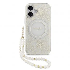 Baltas originalus dėklas Guess IML Flowers Allover Strap MagSafe telefonui Apple iPhone 17