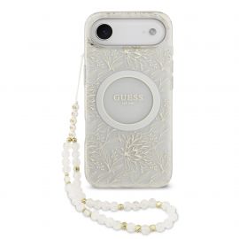 Baltas originalus dėklas Guess IML Flowers Allover Strap MagSafe telefonui Apple iPhone Air