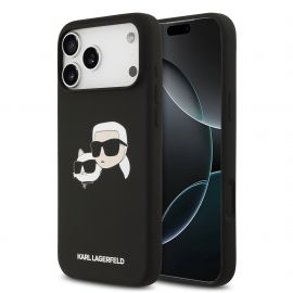 Juodas dėklas Karl Lagerfeld Liquid Silicone Double Heads MagSafe telefonui Apple iPhone 17 Pro Max